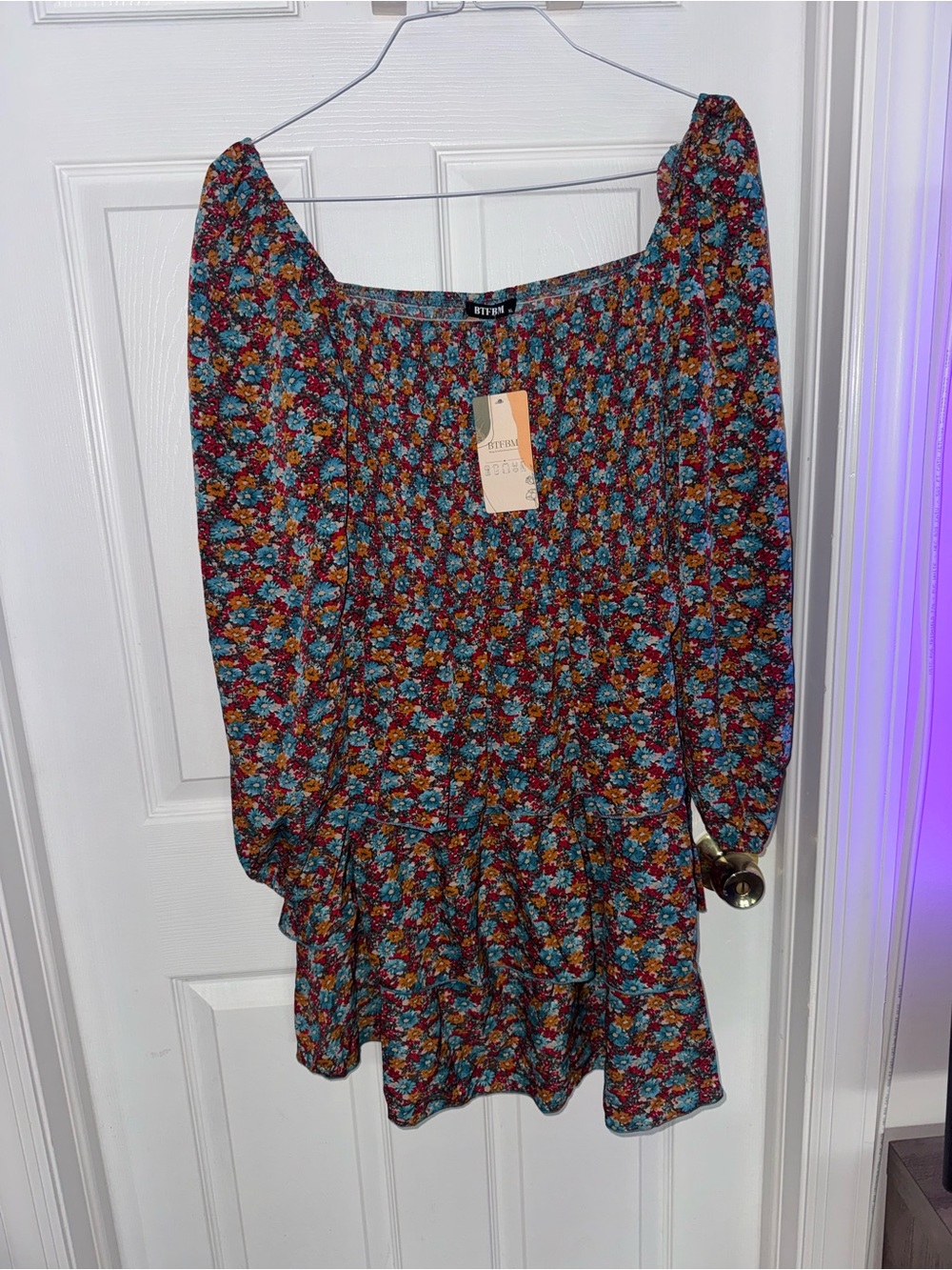 BTFBM Floral Square Neck Mini Dress in Teal & Burgundy